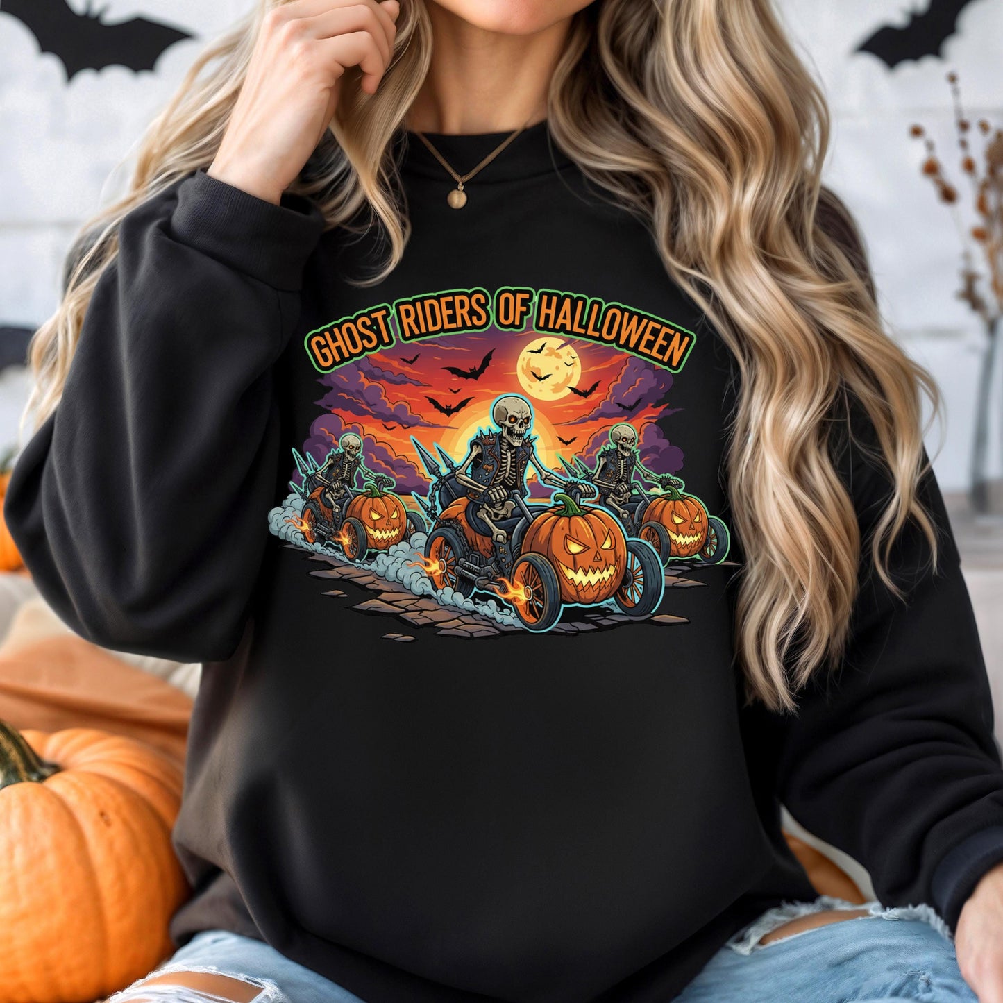Halloween Sweatshirt – Spooky Biker Sweater With Skeleton Rider Design