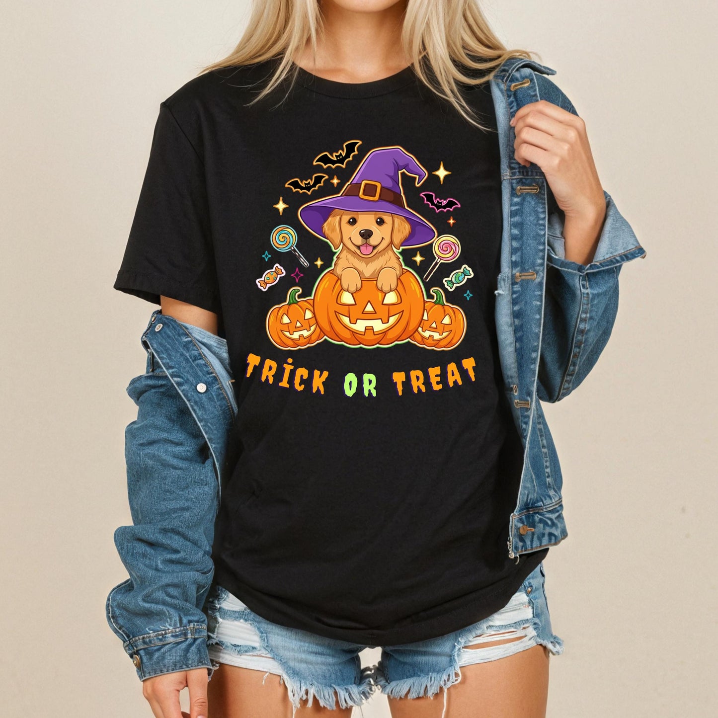 Halloween Puppy T-Shirt – Cute Golden Retriever Tee With Pumpkin, Witch Hat & Candy