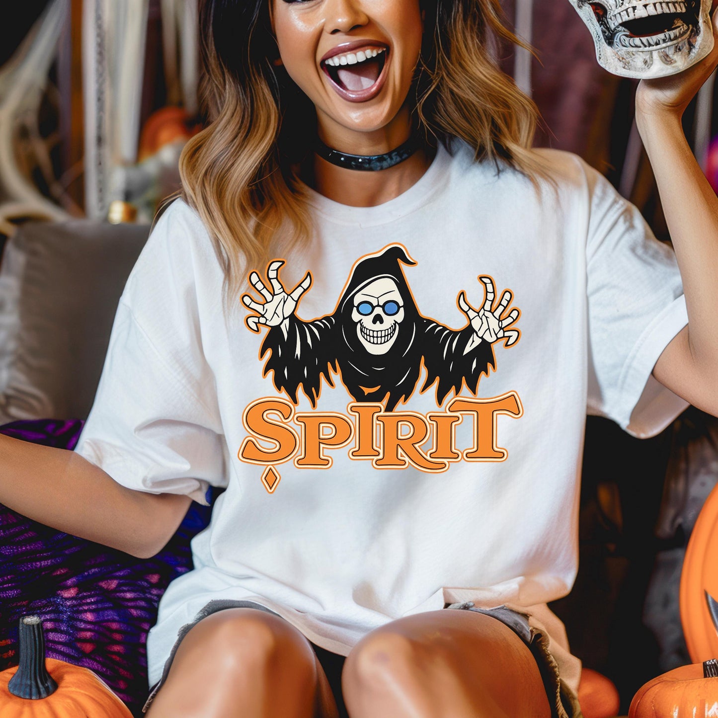 Grim Reaper Shirt – Halloween Graphic Tee | Vintage Pumpkin Orange Cotton Comfort