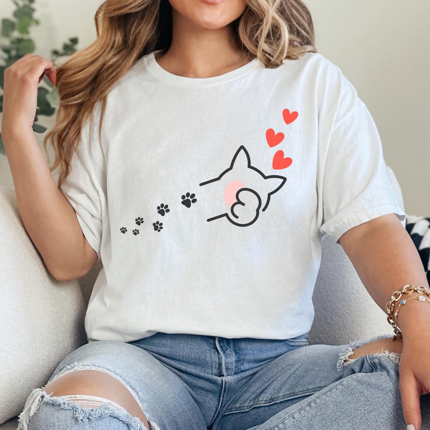 Cat T-Shirt - Minimalist Cat Shirt with Heart Paw Print | Soft Cotton Tee