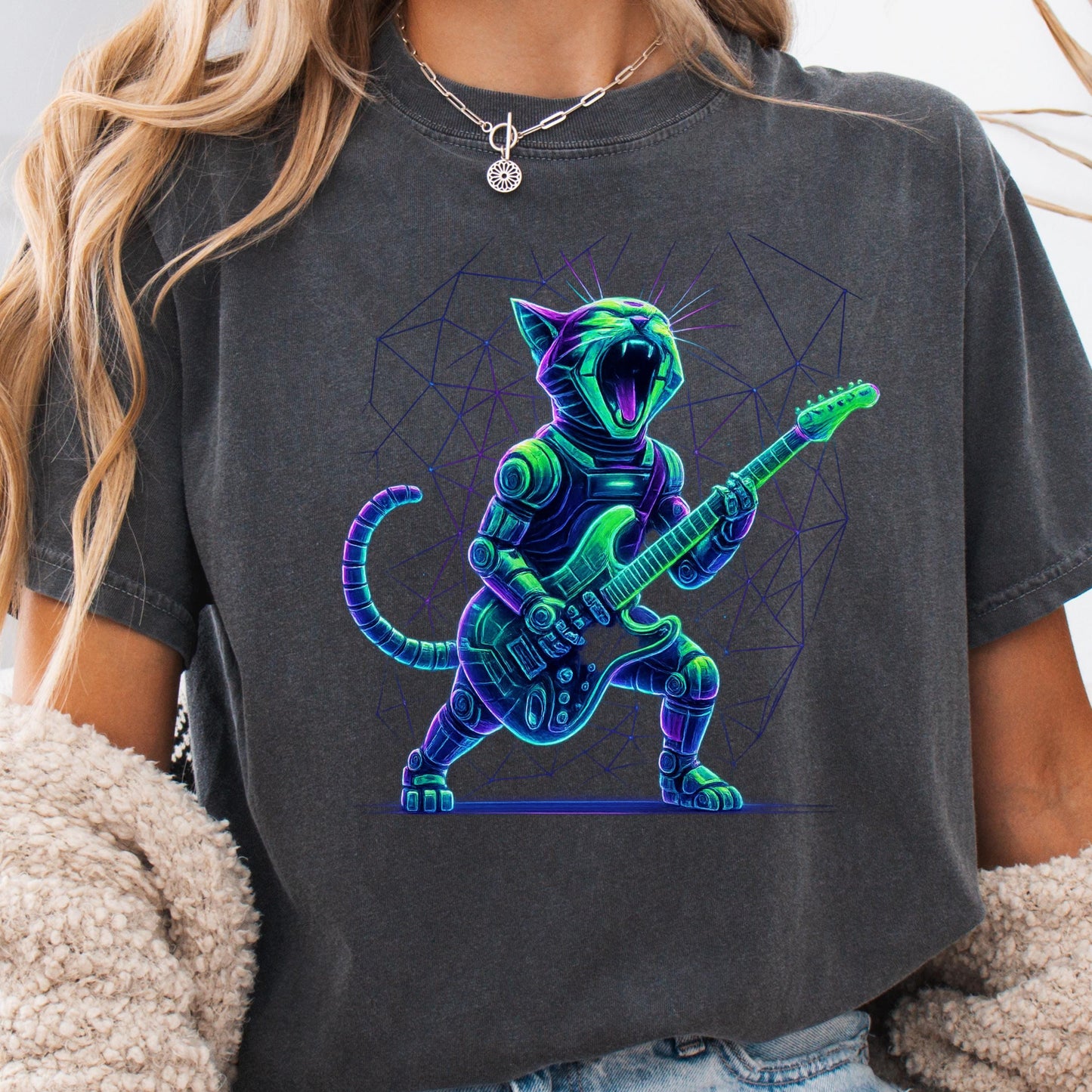 Cat Guitar Shirt – Retro Rock Graphic Tee | Unisex Cotton Shirt, Cool Cat Print