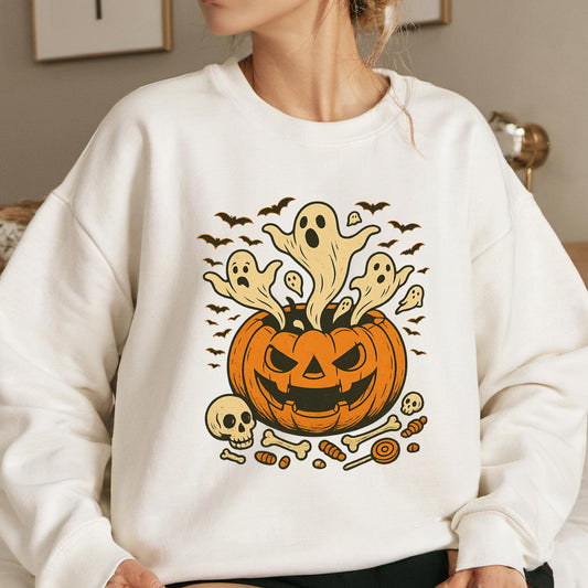 Spooky Halloween Hoodie – Cozy Autumn Hoodie With Bat And Skull Print