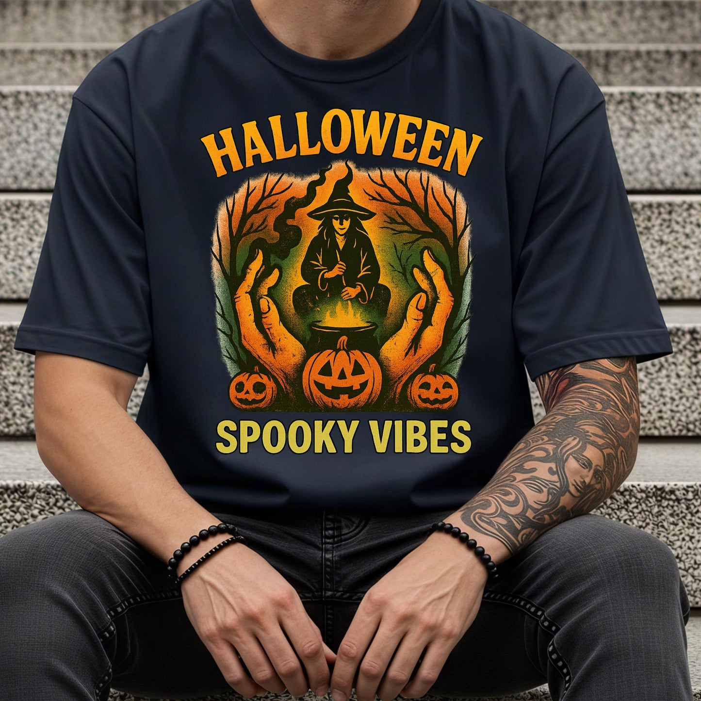 Halloween Witch Shirt - Vintage Cotton Tee With Witch Cauldron Design & Pumpkin Graphic