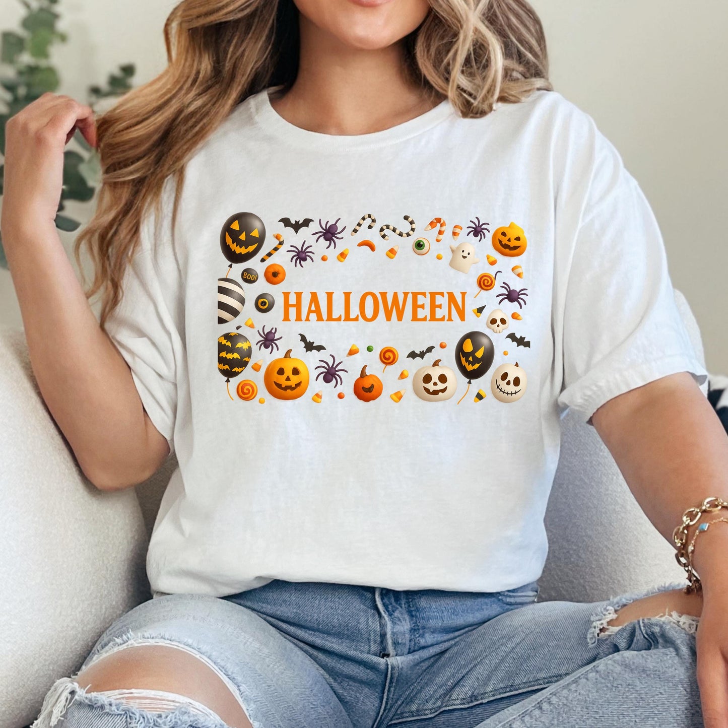 Halloween Graphic Tee - Unisex Pumpkin Orange Shirt With Ghost Bat Candy Design