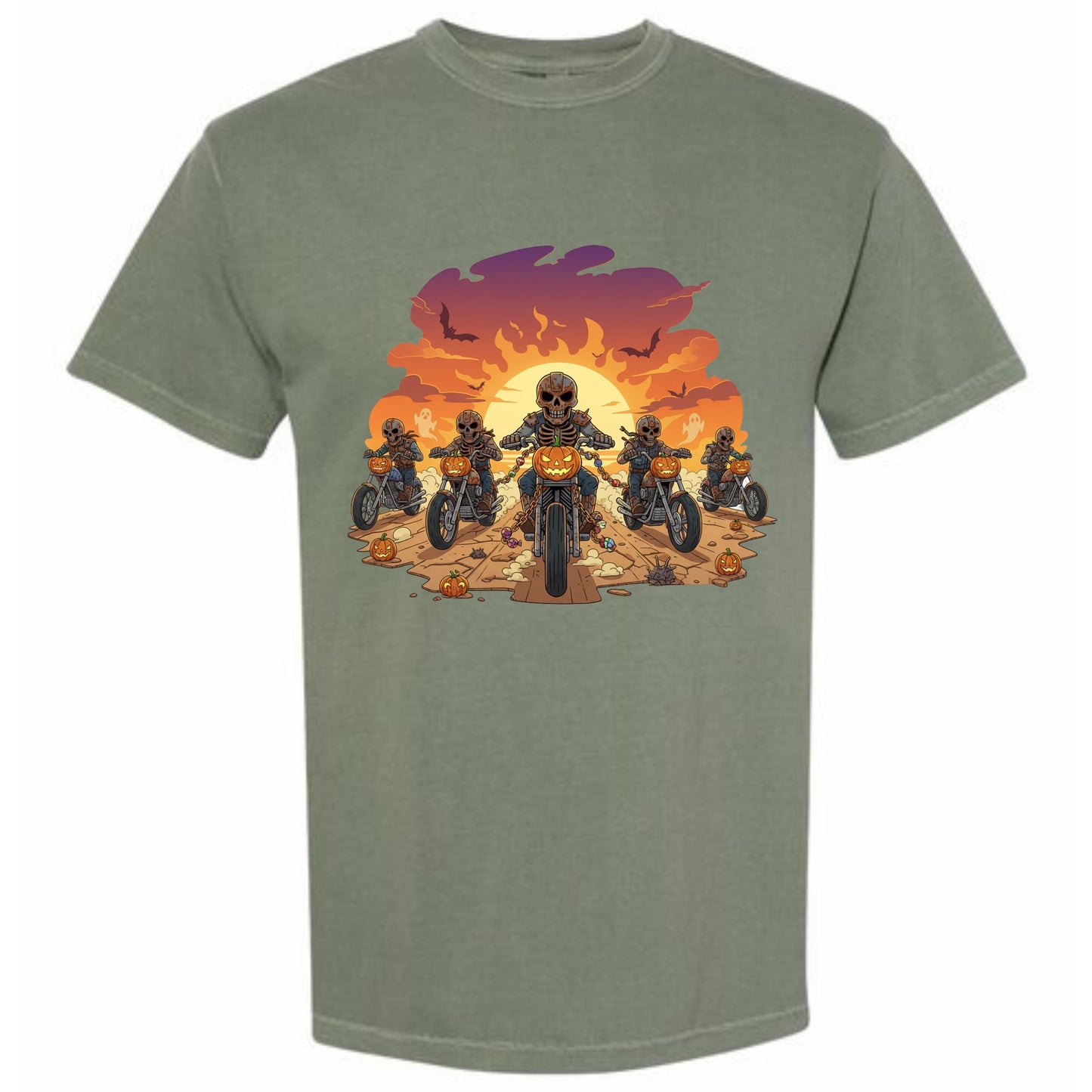A t-shirt design featuring a group of people riding motorcycles against a backdrop of a sunset and Halloween-themed elements.