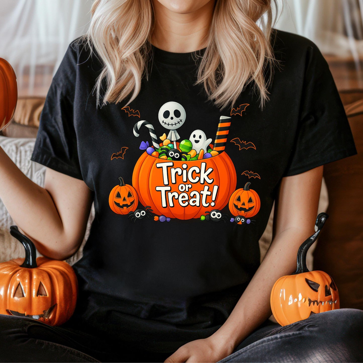 Trick Or Treat Shirt – Halloween Pumpkin Shirt With Ghost & Skull Candy Bucket Tee