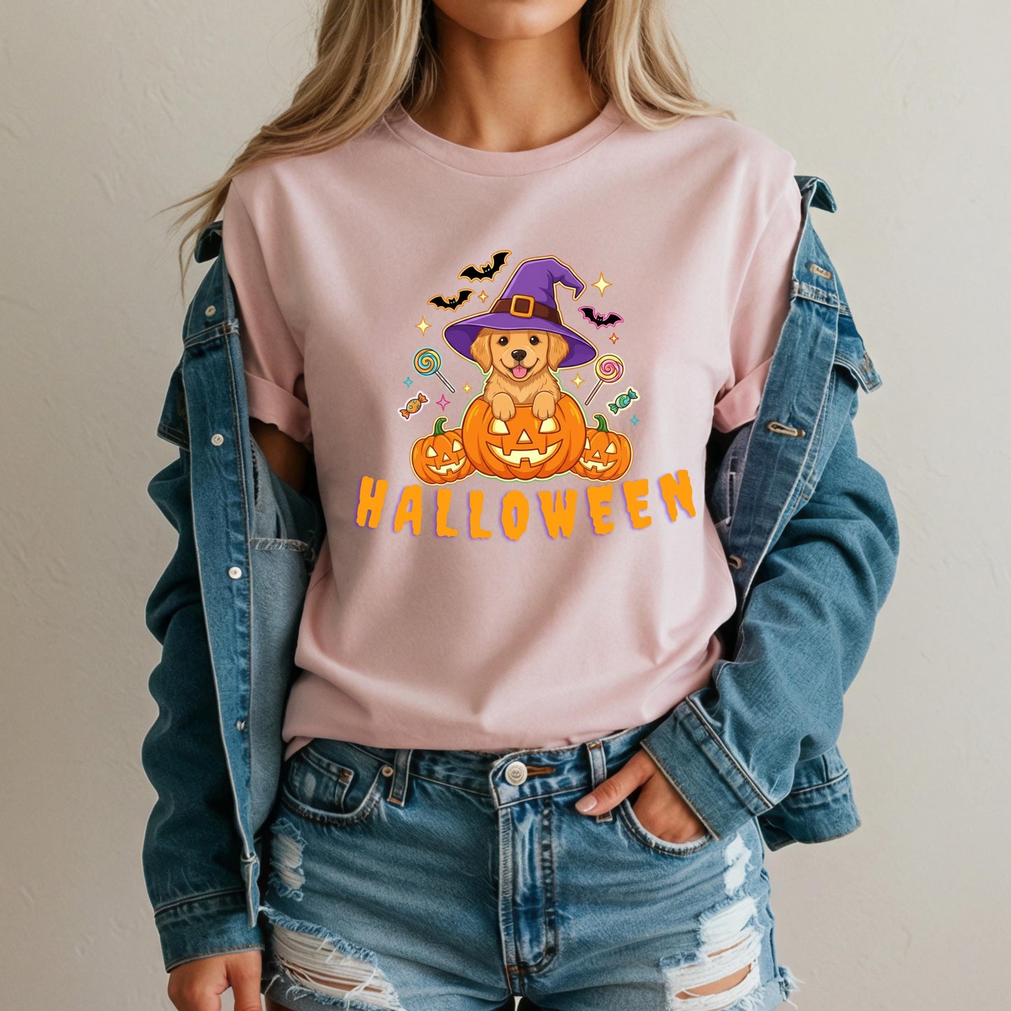 Halloween Puppy T-Shirt – Golden Retriever Tee With Witch Hat Pumpkin Design