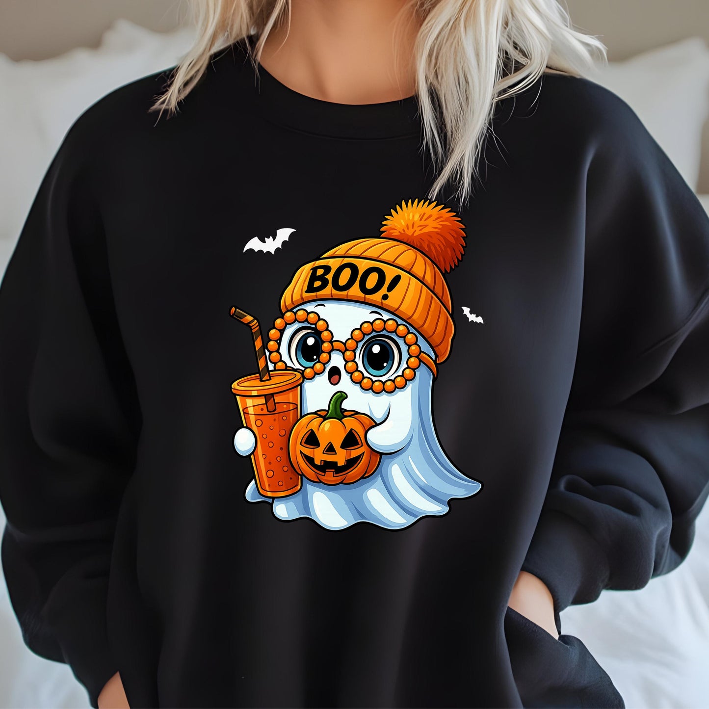 Ghost Pumpkin Sweatshirt – Cozy Fall Sweatshirt | Soft Cotton Blend Crewneck
