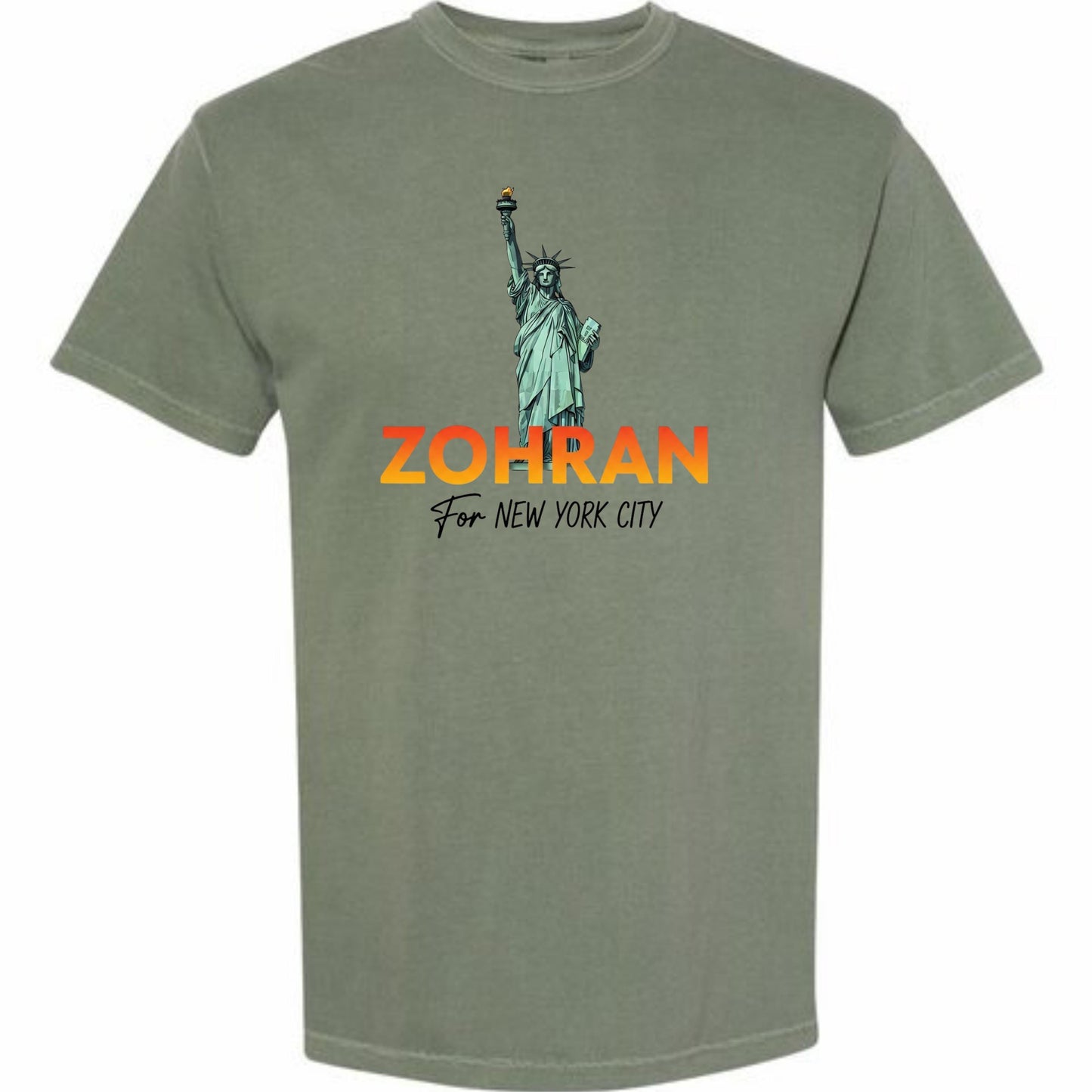 A t-shirt with a graphic design featuring the Statue of Liberty and the text "ZOHRAN For New York City".