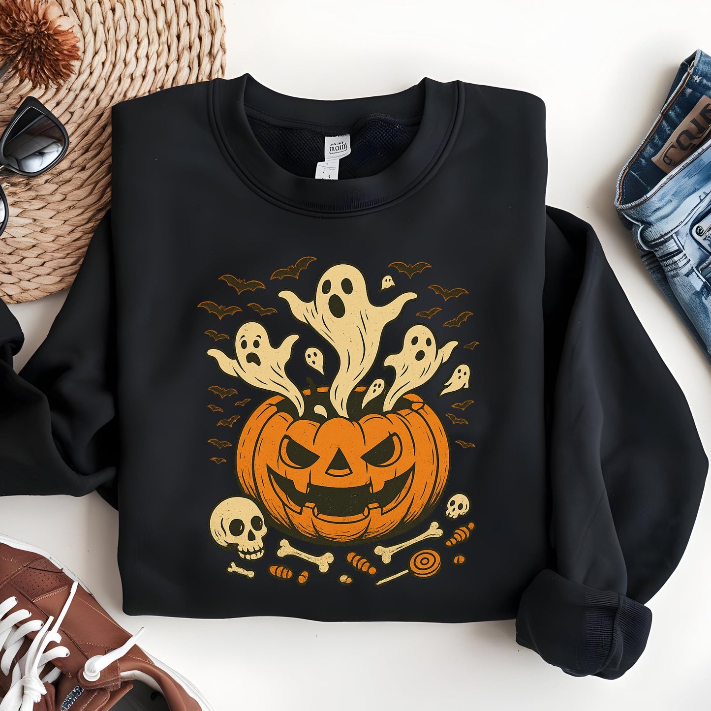 Spooky Halloween Hoodie – Cozy Autumn Hoodie With Bat And Skull Print