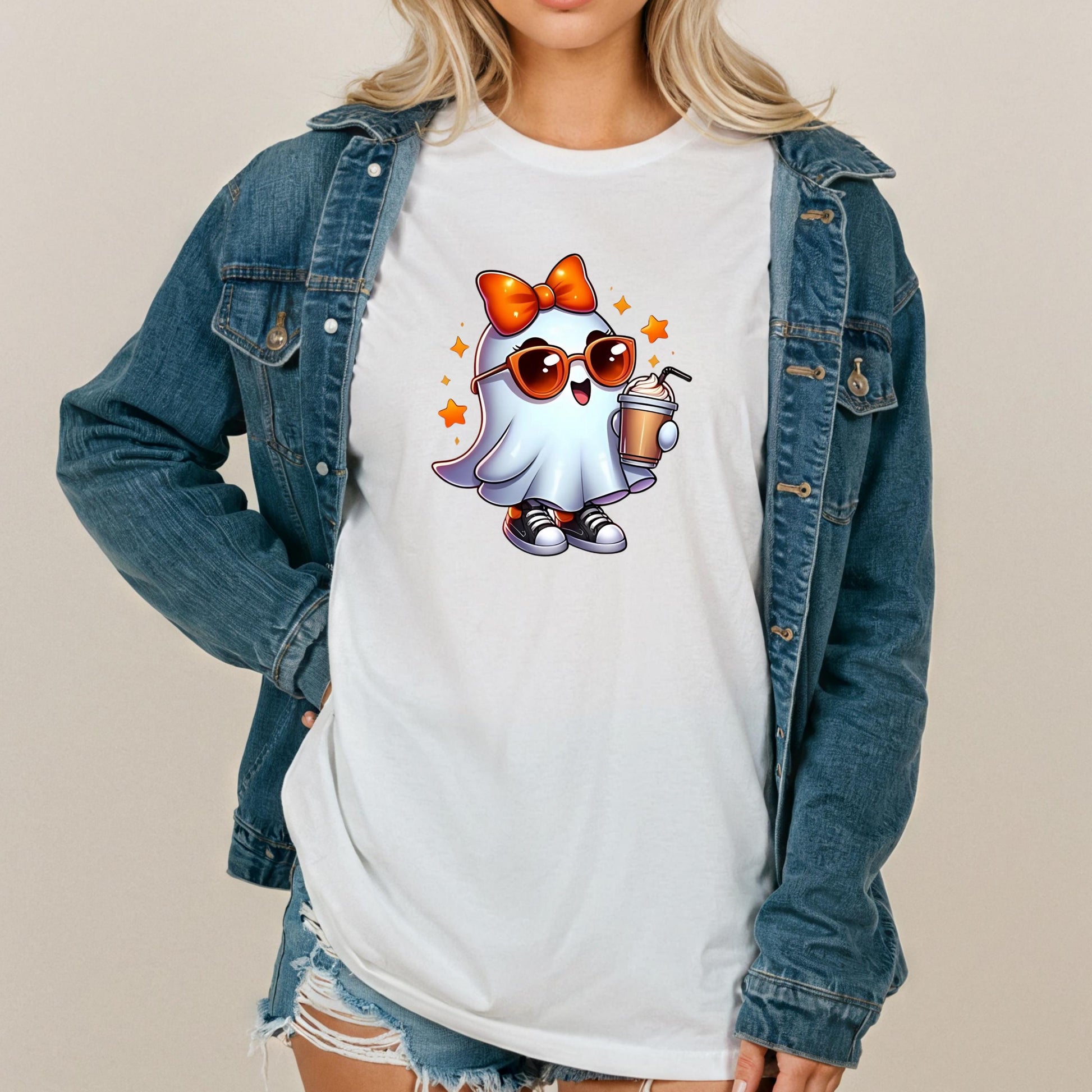 A woman wearing a denim jacket and a white t-shirt with a cartoon ghost character holding a drink and wearing sunglasses.