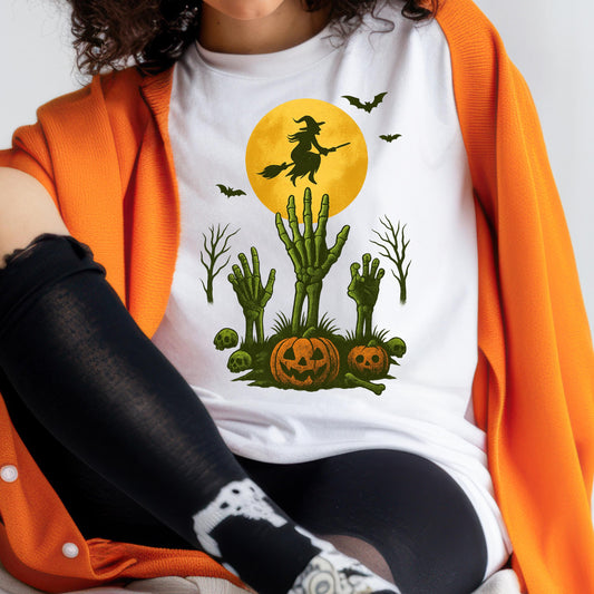 Witch Flying Halloween Shirt – Skeleton Pumpkin Tee | Full Moon Graphic Tee