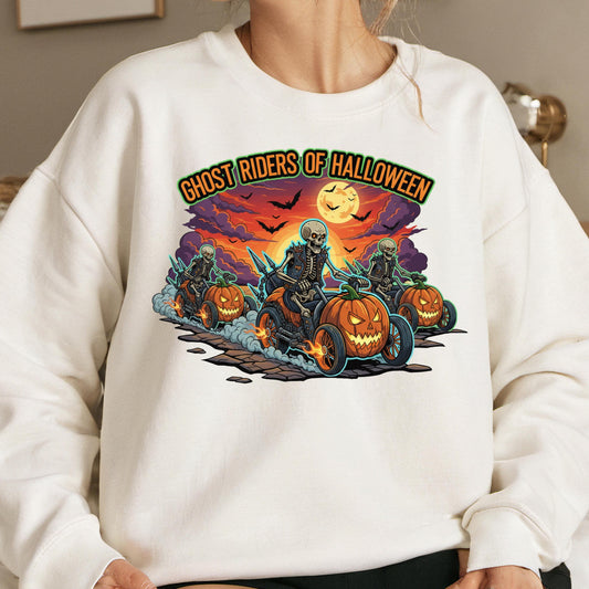 Halloween Sweatshirt – Spooky Biker Sweater With Skeleton Rider Design