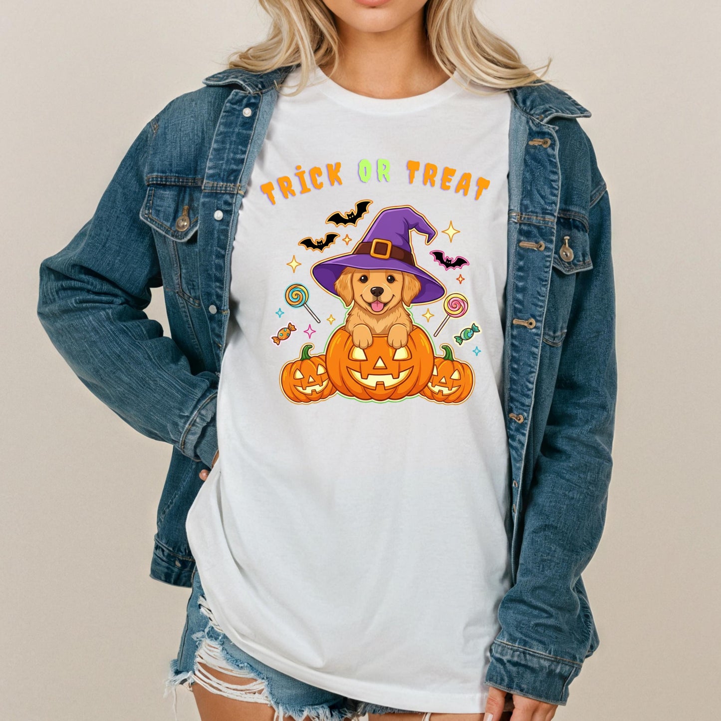 Halloween Puppy T-Shirt – Cute Golden Retriever Tee with Pumpkin & Witch Hat