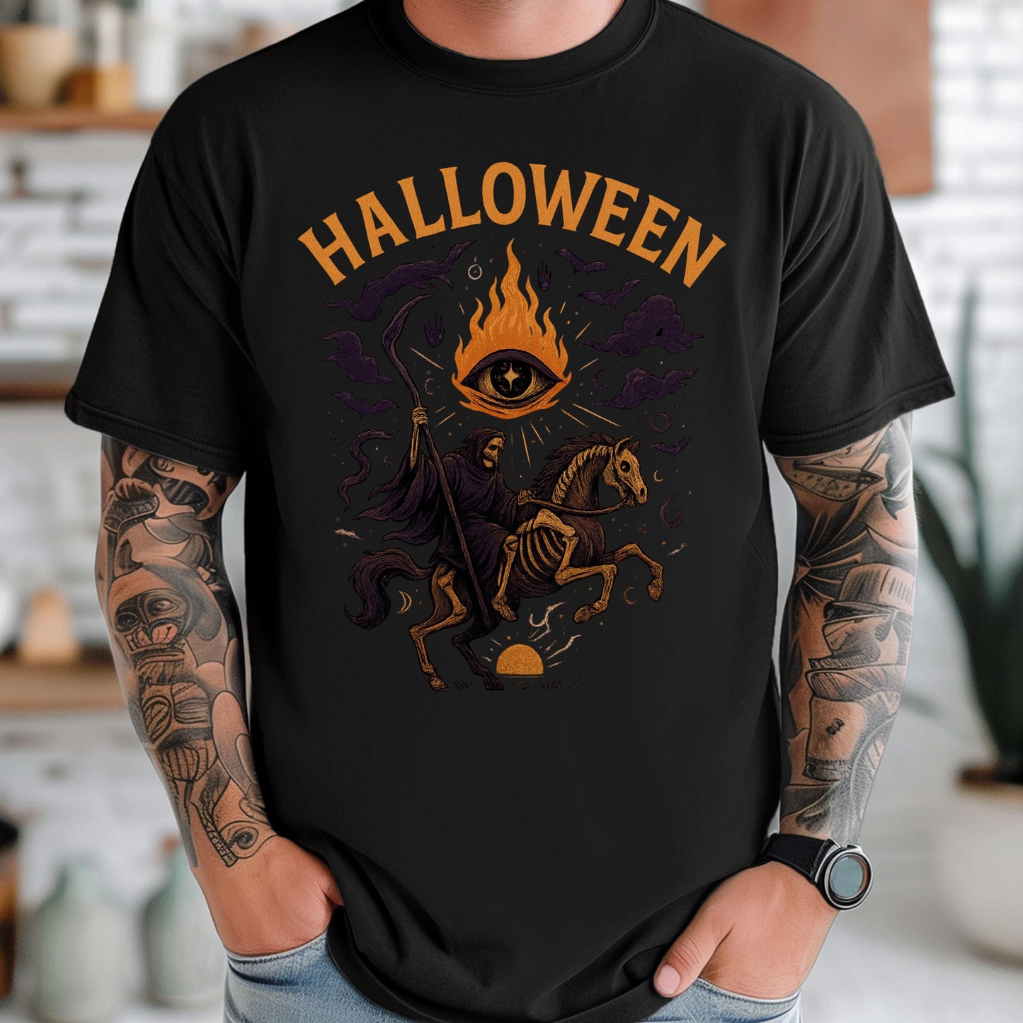 Gothic Skeleton Tee - Grim Reaper Design With Occult Eye Flames Shirt