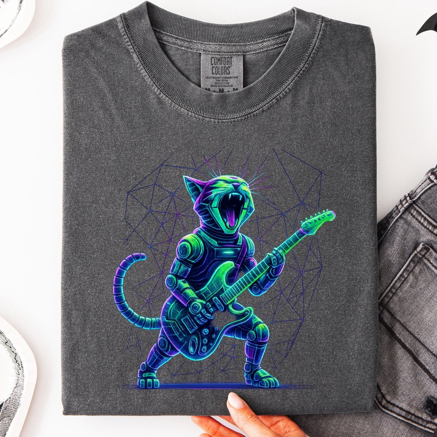 Cat Guitar Shirt – Retro Rock Graphic Tee | Unisex Cotton Shirt, Cool Cat Print