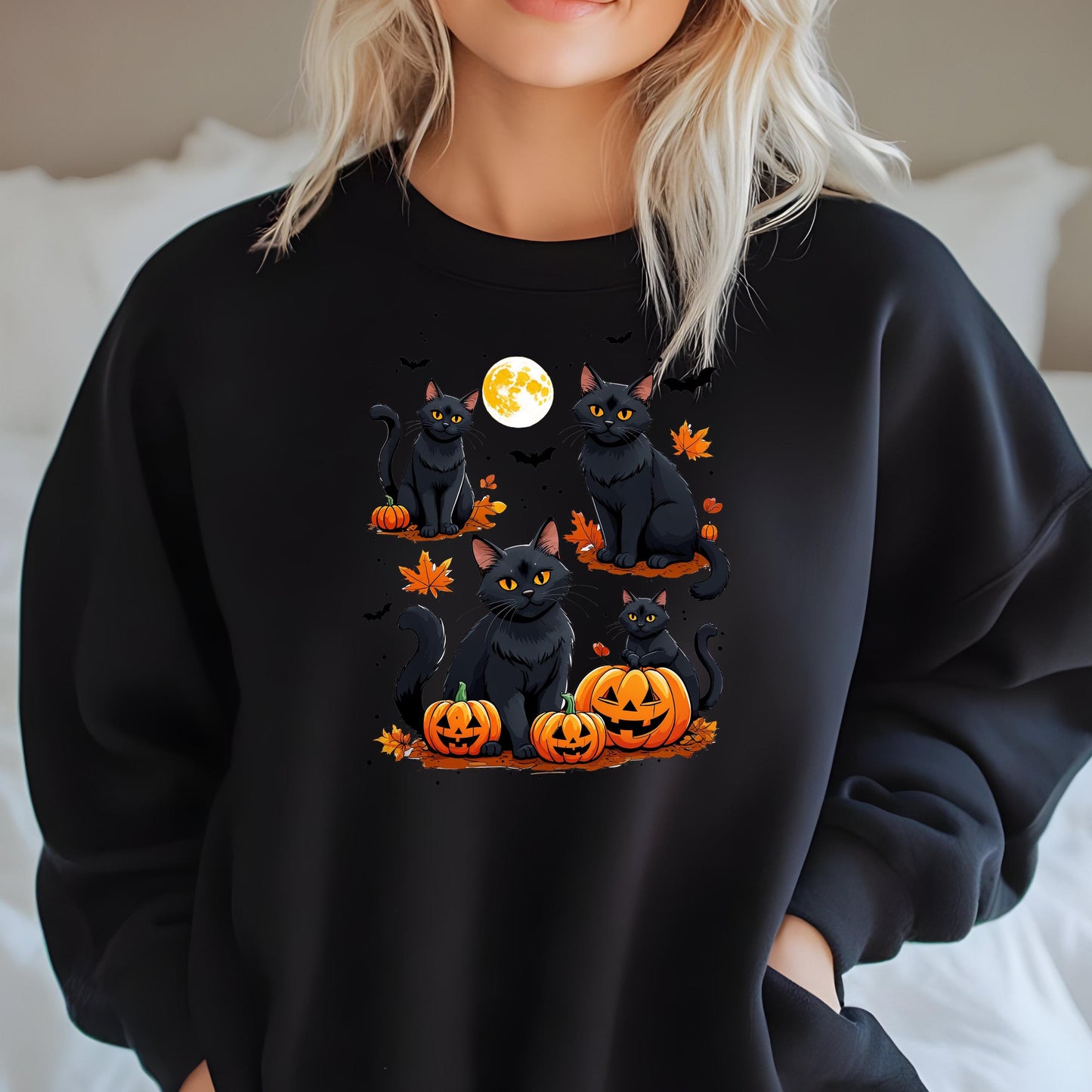 Black Cat Sweatshirt – Cozy Halloween Crewneck With Pumpkin Bat Graphics