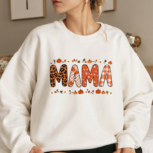 Fall Mama Sweatshirt – Cozy Pumpkin Plaid Leopard Print Crewneck Sweater