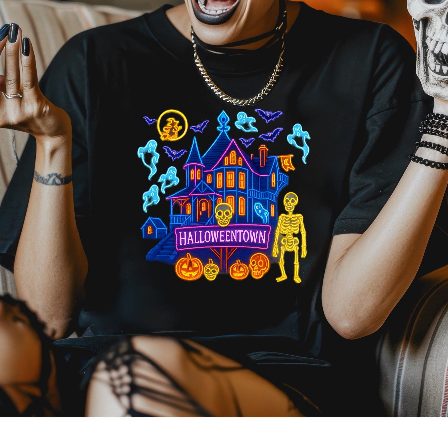 Neon Halloweentown T-Shirt – Glow In Dark Haunted House Graphic Tee