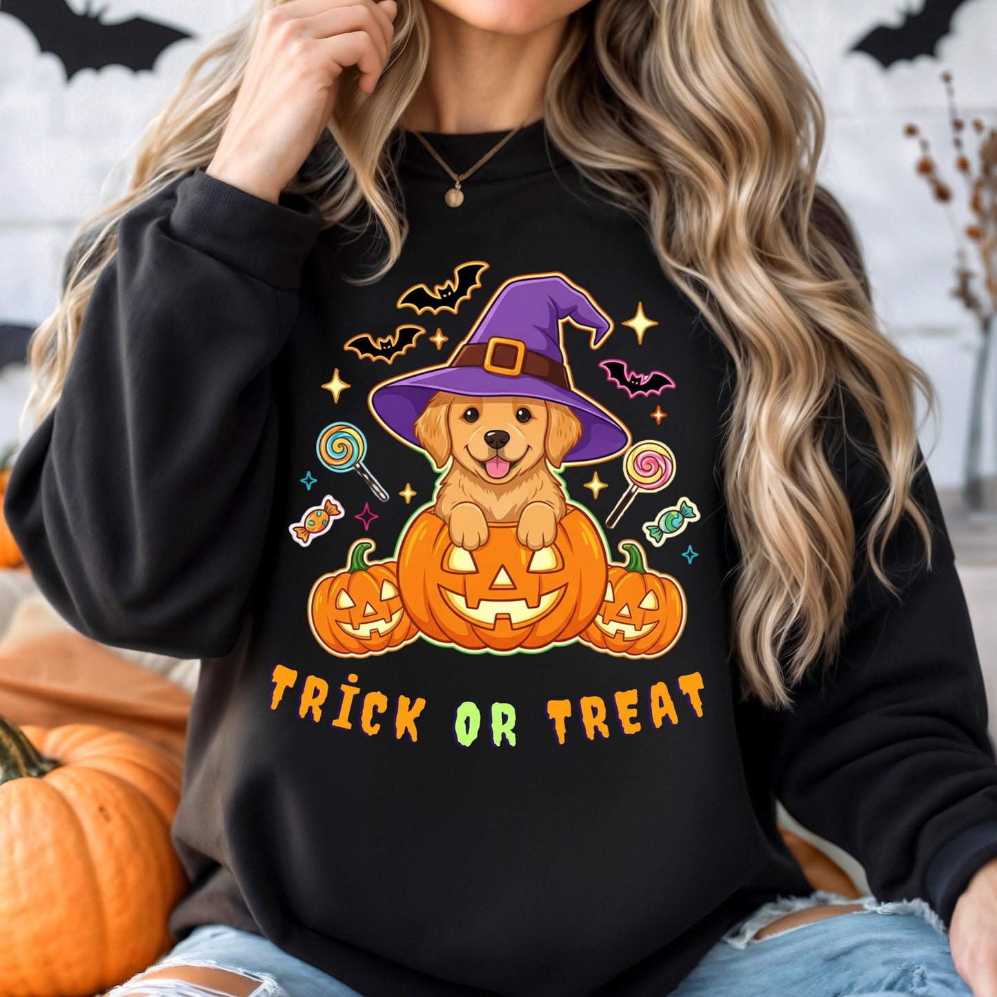 Halloween Puppy Sweatshirt – Cozy Fall Dog Shirt with Golden Retriever Pumpkin Design