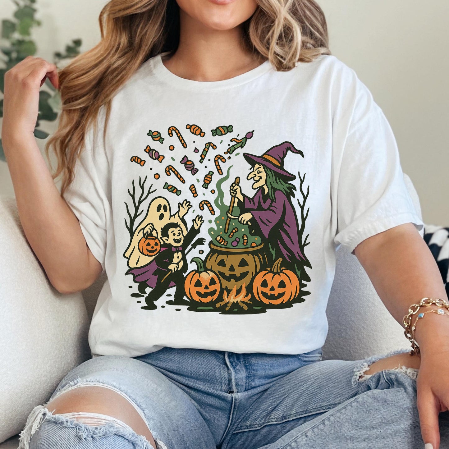 Halloween Witch Shirt – Cozy Cotton Tee With Witch Cauldron, Ghost & Vampire