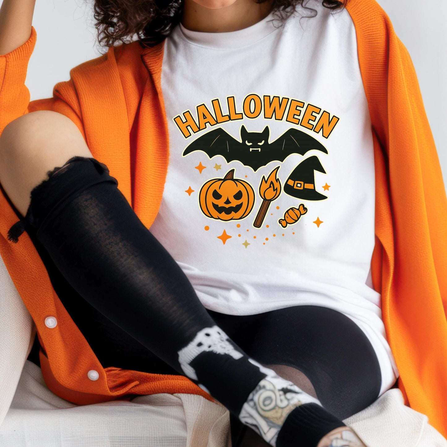 Halloween Graphic Tee - Pumpkin T-Shirt With Bat, Witch Hat & Cotton Comfort