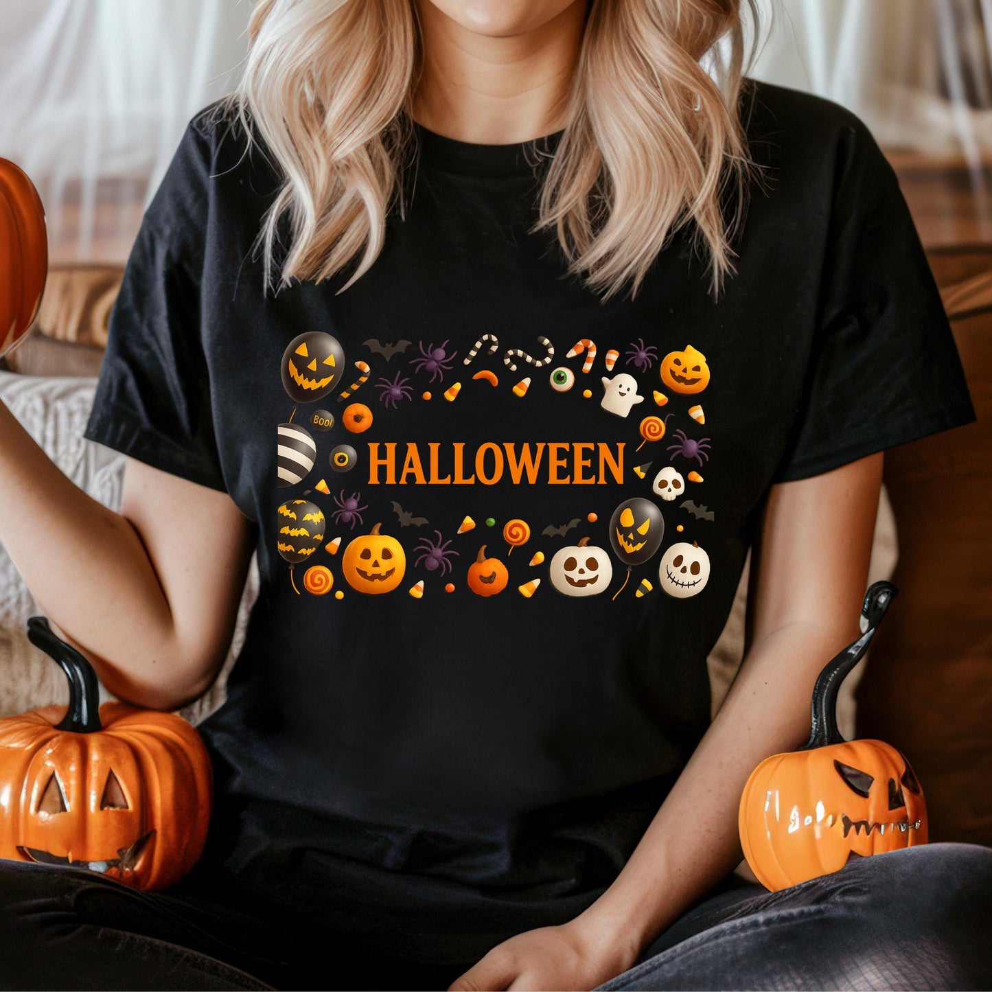 Halloween Graphic Tee - Unisex Pumpkin Orange Shirt With Ghost Bat Candy Design