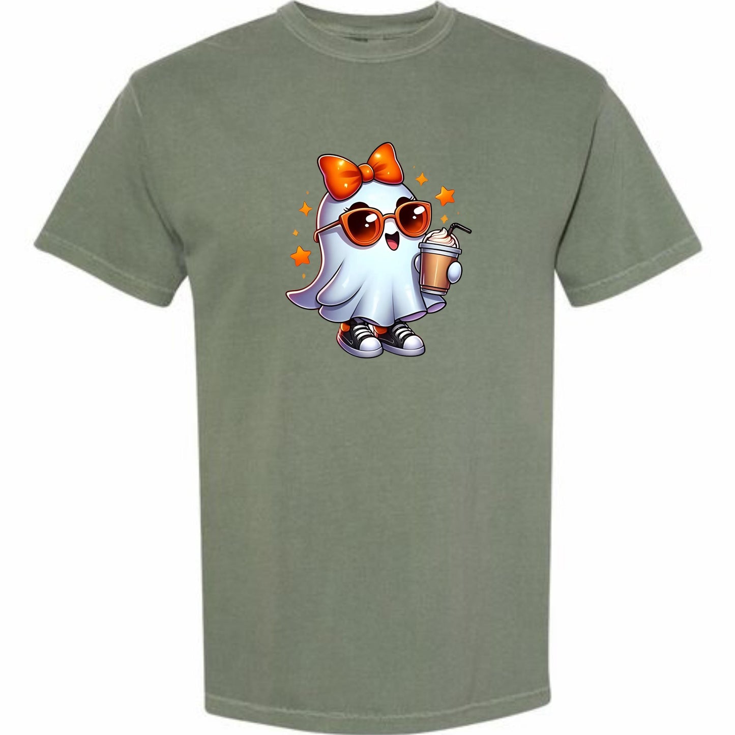 A t-shirt with a cartoon ghost character wearing sunglasses and holding a drink.