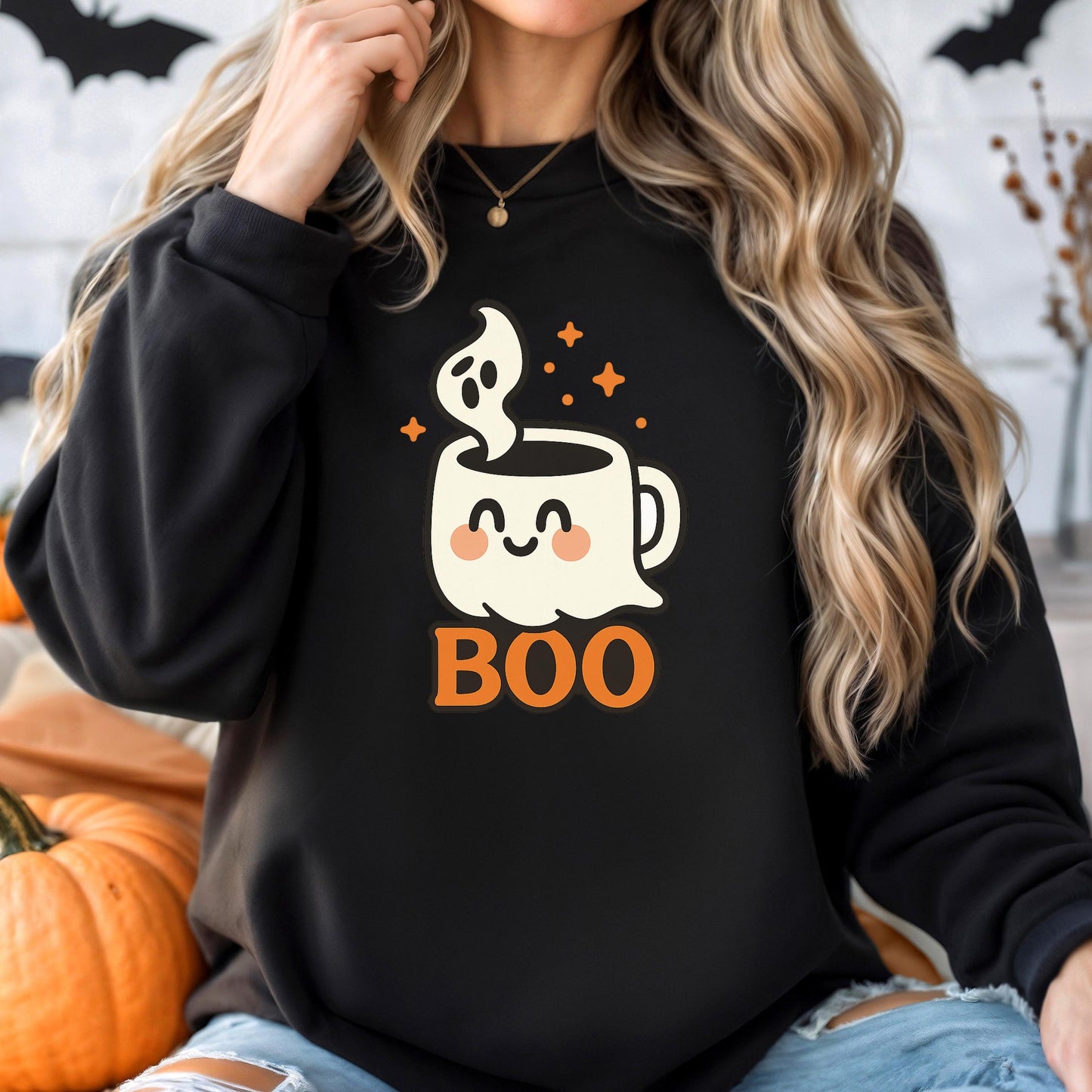 Halloween Ghost Sweatshirt – Cozy Coffee Lover Pullover | Unisex Crewneck