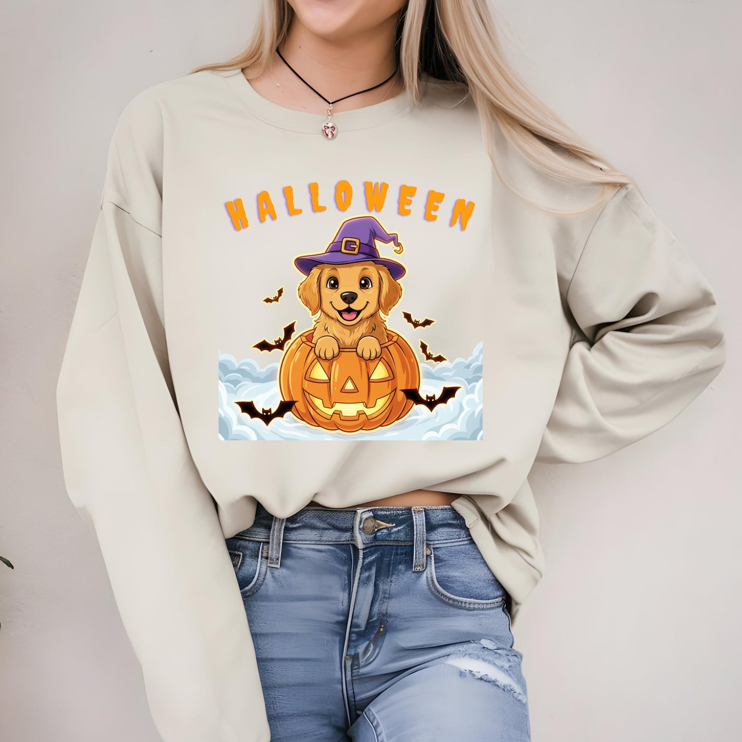 Halloween Puppy Sweatshirt - Cozy Autumn Sweatshirt with Golden Retriever Pumpkin Design