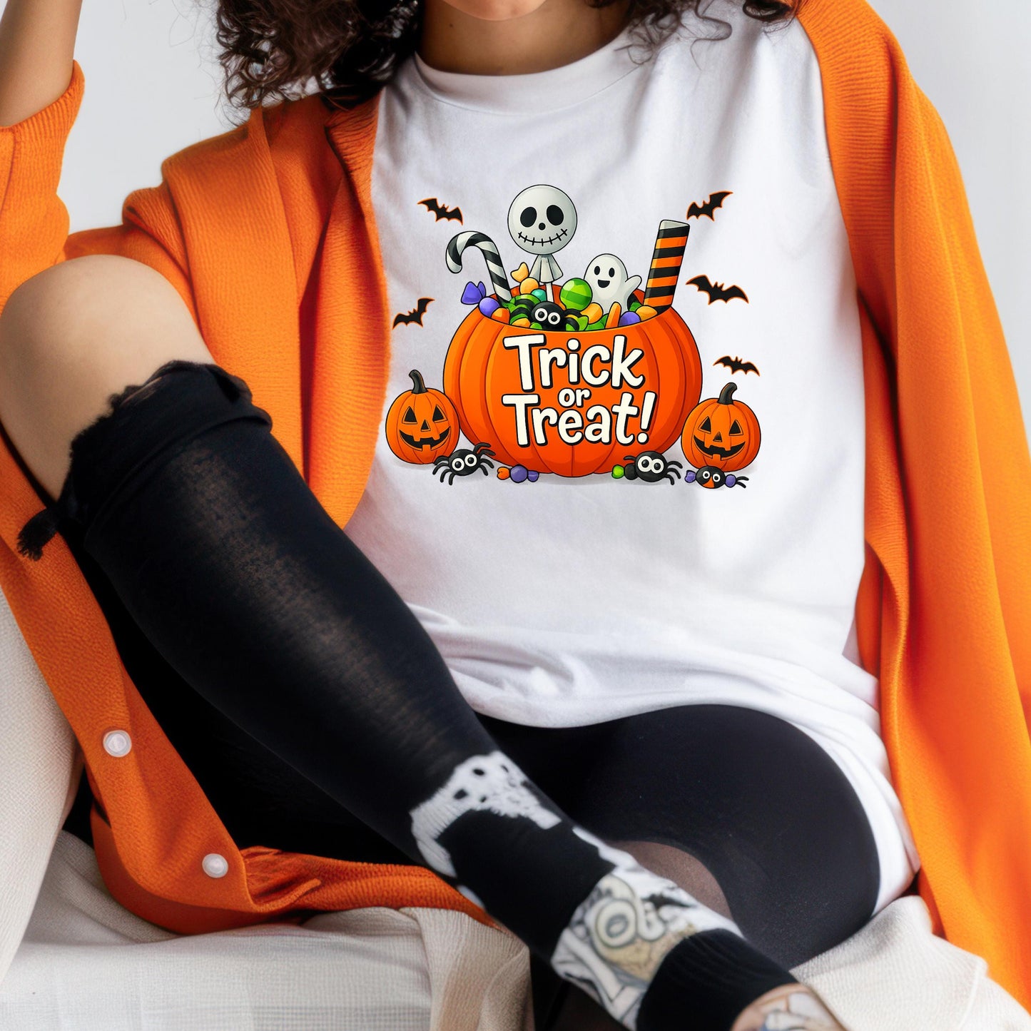 Trick Or Treat Shirt – Halloween Pumpkin Shirt With Ghost & Skull Candy Bucket Tee