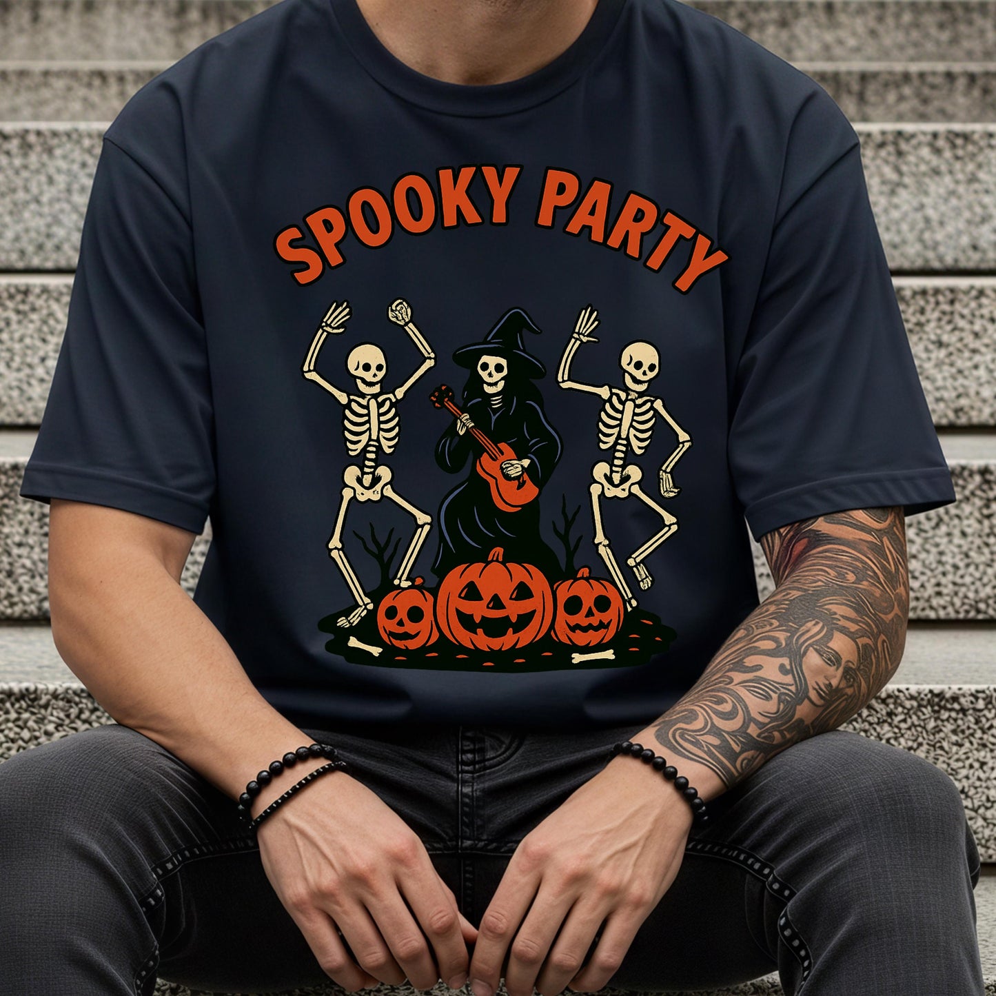 Halloween T-Shirt – Spooky Party Shirt With Dancing Skeletons & Pumpkin Graphic