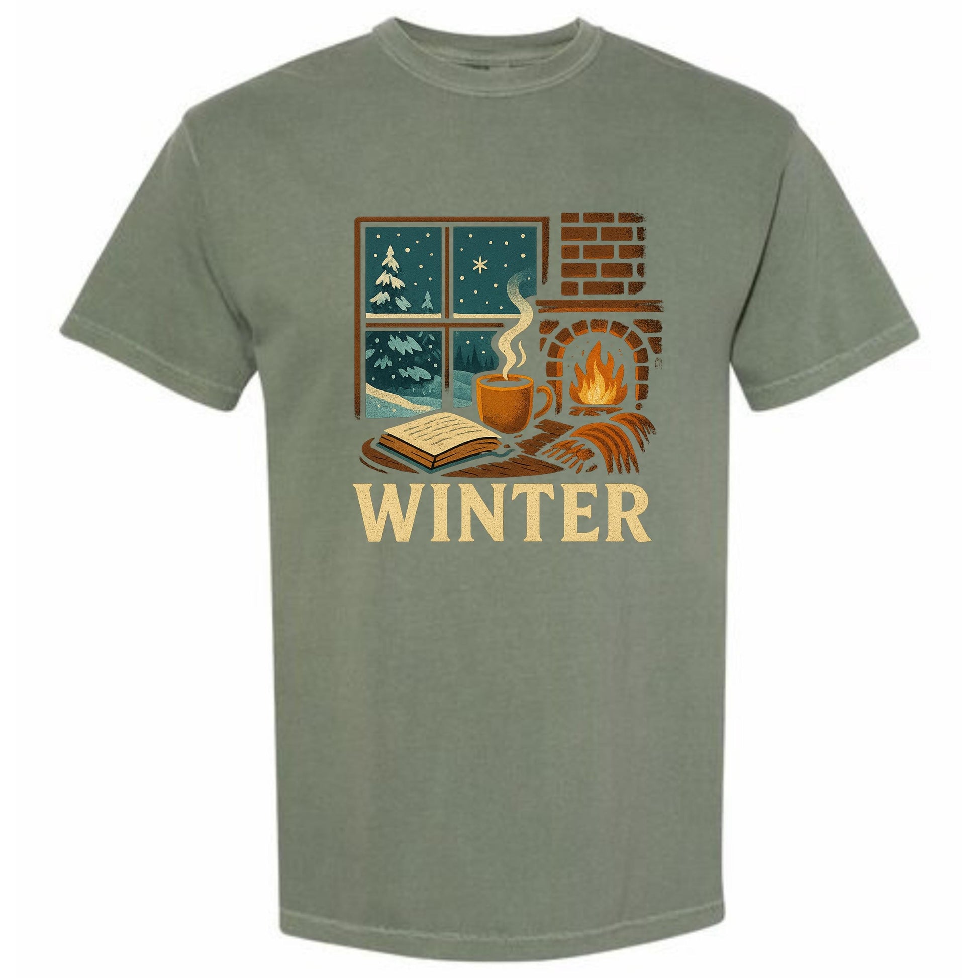 A t-shirt design depicting a cozy winter scene with a fireplace, a cup of hot chocolate, a book, and a snowflake-filled window.