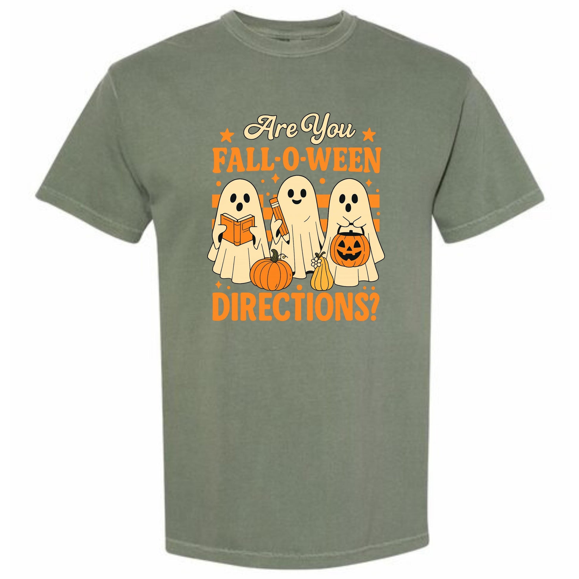 A t-shirt with a graphic design featuring three ghostly figures and Halloween-themed objects, along with the text "Are You Fall-O-Ween Directions?"