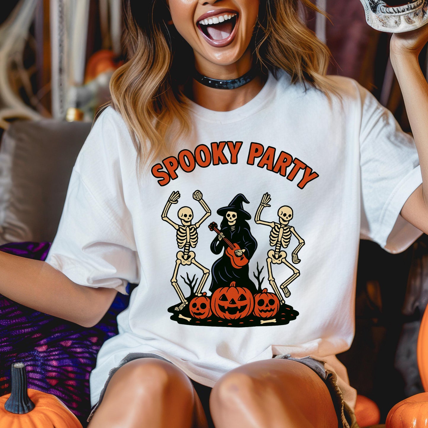 Halloween T-Shirt – Spooky Party Shirt With Dancing Skeletons & Pumpkin Graphic