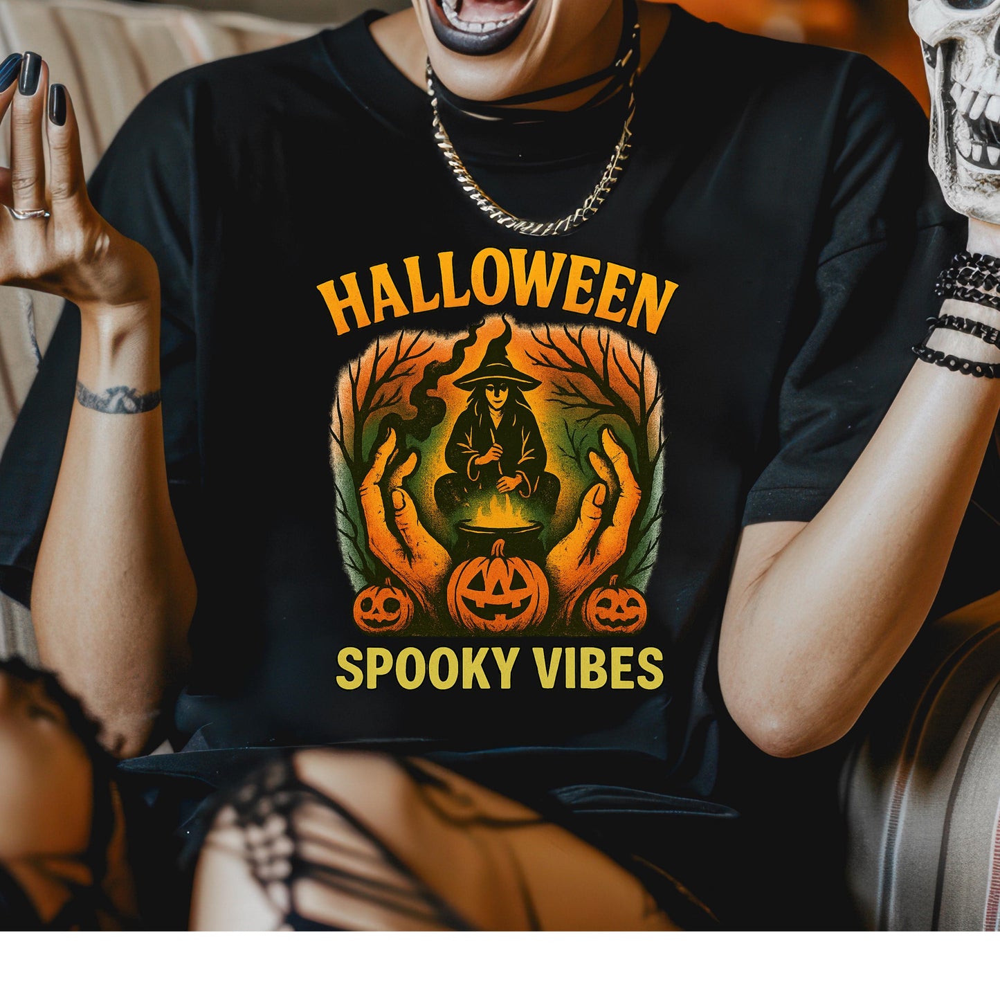 Halloween Witch Shirt - Vintage Cotton Tee With Witch Cauldron Design & Pumpkin Graphic