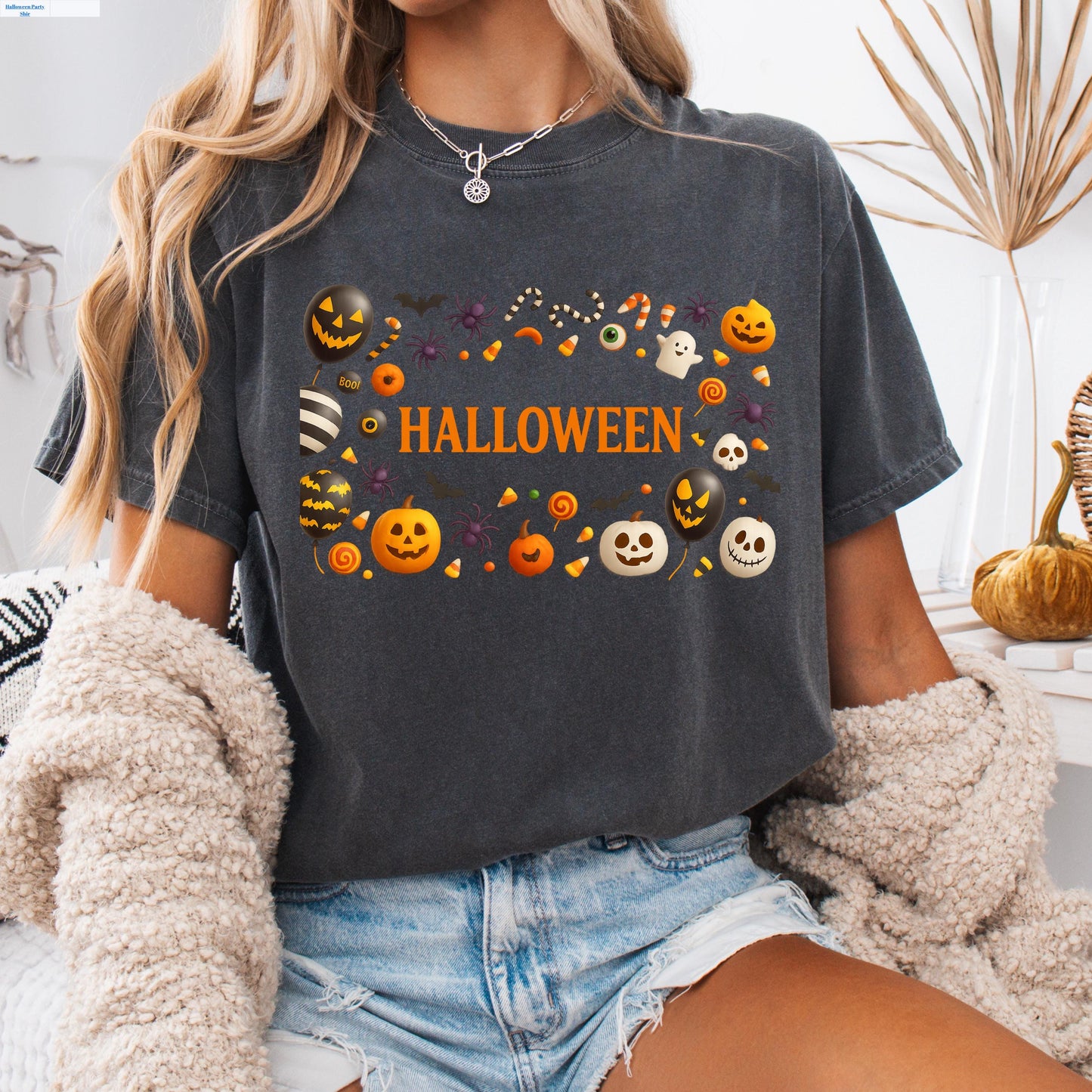 Halloween Graphic Tee - Unisex Pumpkin Orange Shirt With Ghost Bat Candy Design