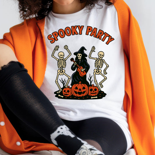 Halloween T-Shirt – Spooky Party Shirt With Dancing Skeletons & Pumpkin Graphic