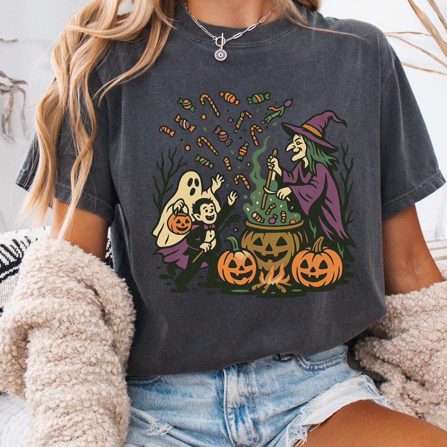 Halloween Witch Shirt – Cozy Cotton Tee With Witch Cauldron, Ghost & Vampire