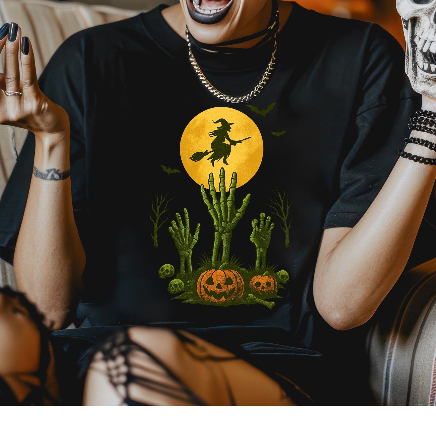 Witch Flying Halloween Shirt – Skeleton Pumpkin Tee | Full Moon Graphic Tee