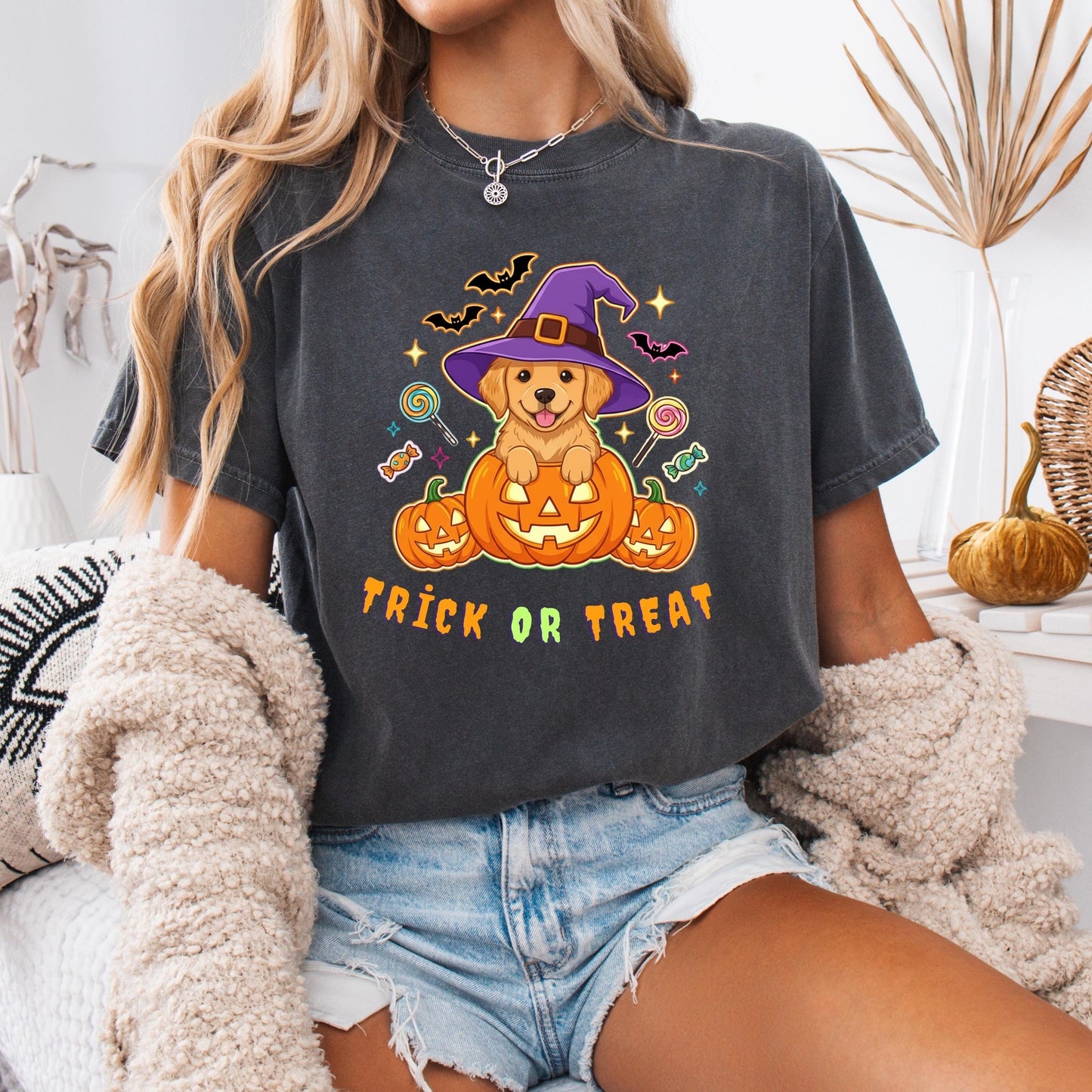 Halloween Puppy T-Shirt – Cute Golden Retriever Tee With Pumpkin, Witch Hat & Candy