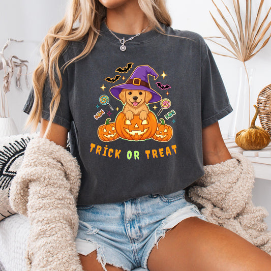 Halloween Puppy T-Shirt – Cute Golden Retriever Tee With Pumpkin, Witch Hat & Candy