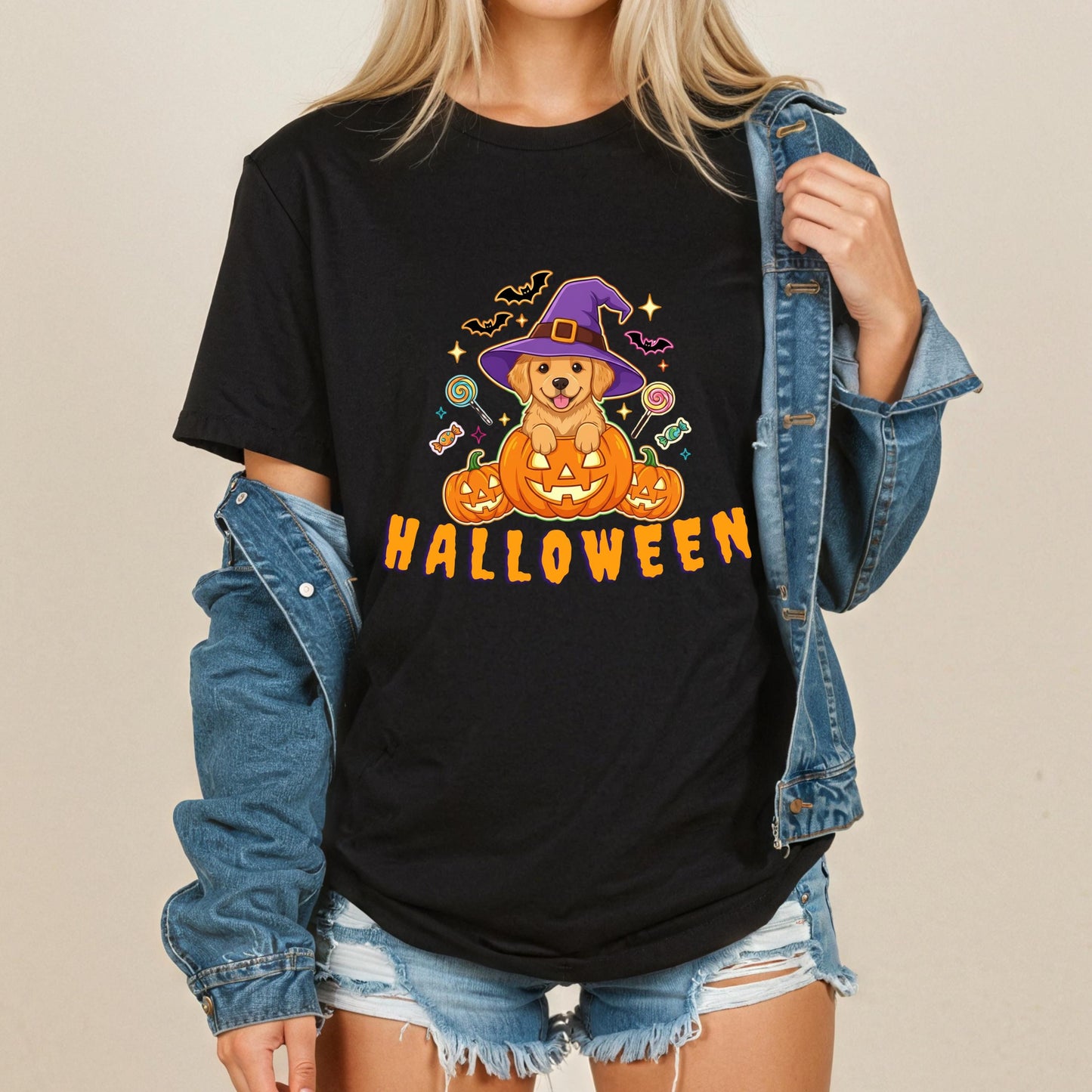 Halloween Puppy T-Shirt – Golden Retriever Tee With Witch Hat Pumpkin Design