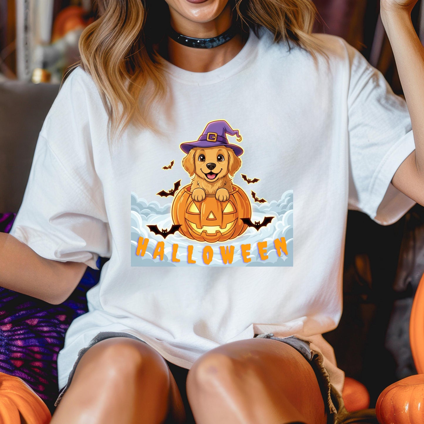 Golden Retriever Halloween Shirt – Cute Pumpkin Graphic Tee With Witch Hat