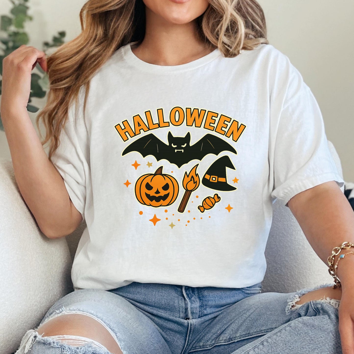 Halloween Graphic Tee - Pumpkin T-Shirt With Bat, Witch Hat & Cotton Comfort