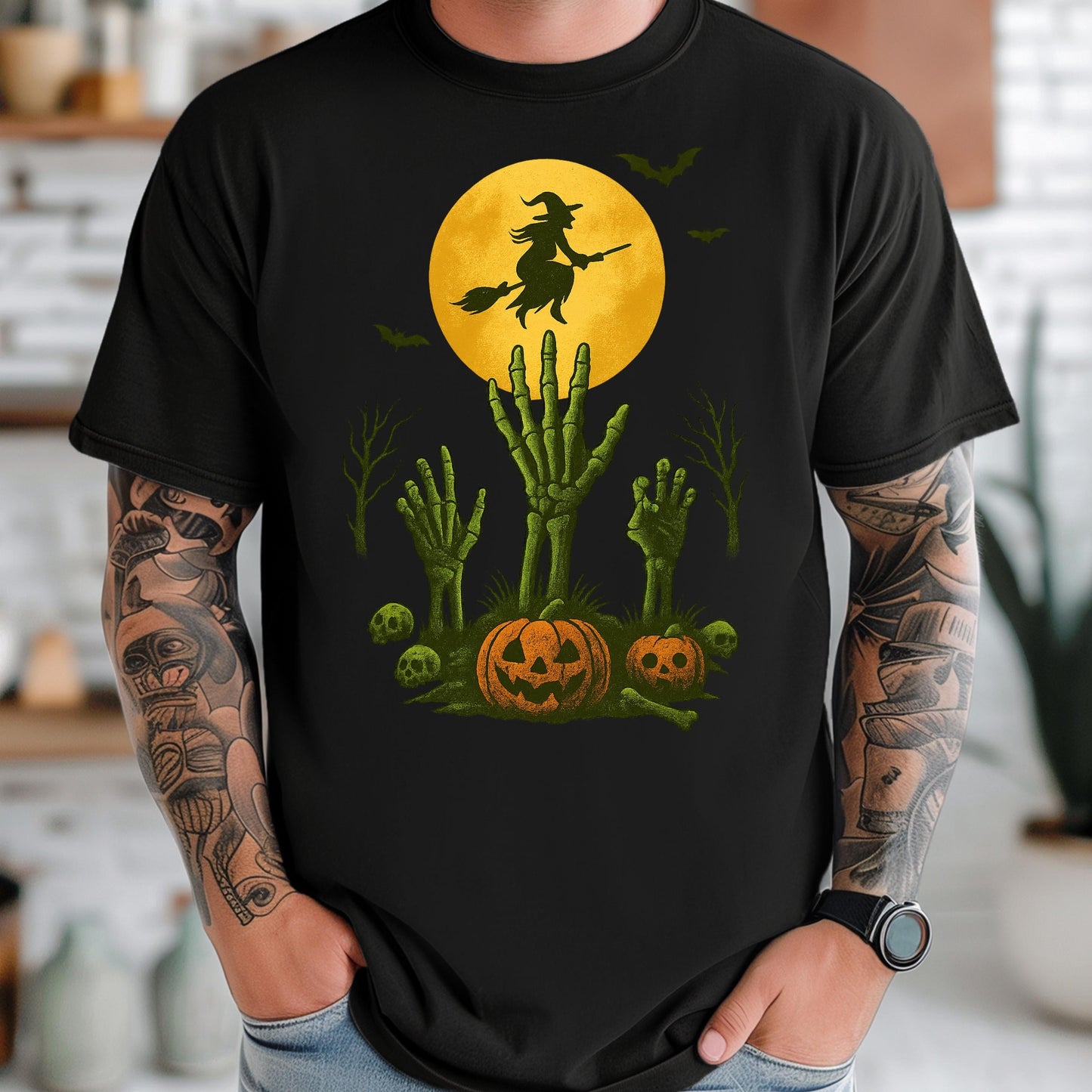 Witch Flying Halloween Shirt – Skeleton Pumpkin Tee | Full Moon Graphic Tee
