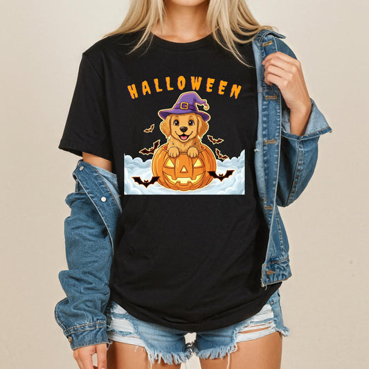 Halloween Puppy T-Shirt – Cute Pumpkin Dog T-Shirt With Golden Retriever & Witch Hat