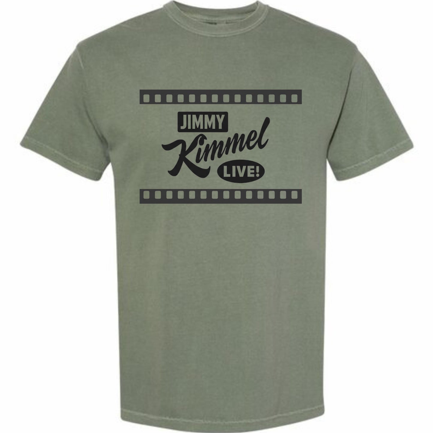 A green t-shirt with the text &quot;JIMMY KIMMEL LIVE!&quot; printed on it.
