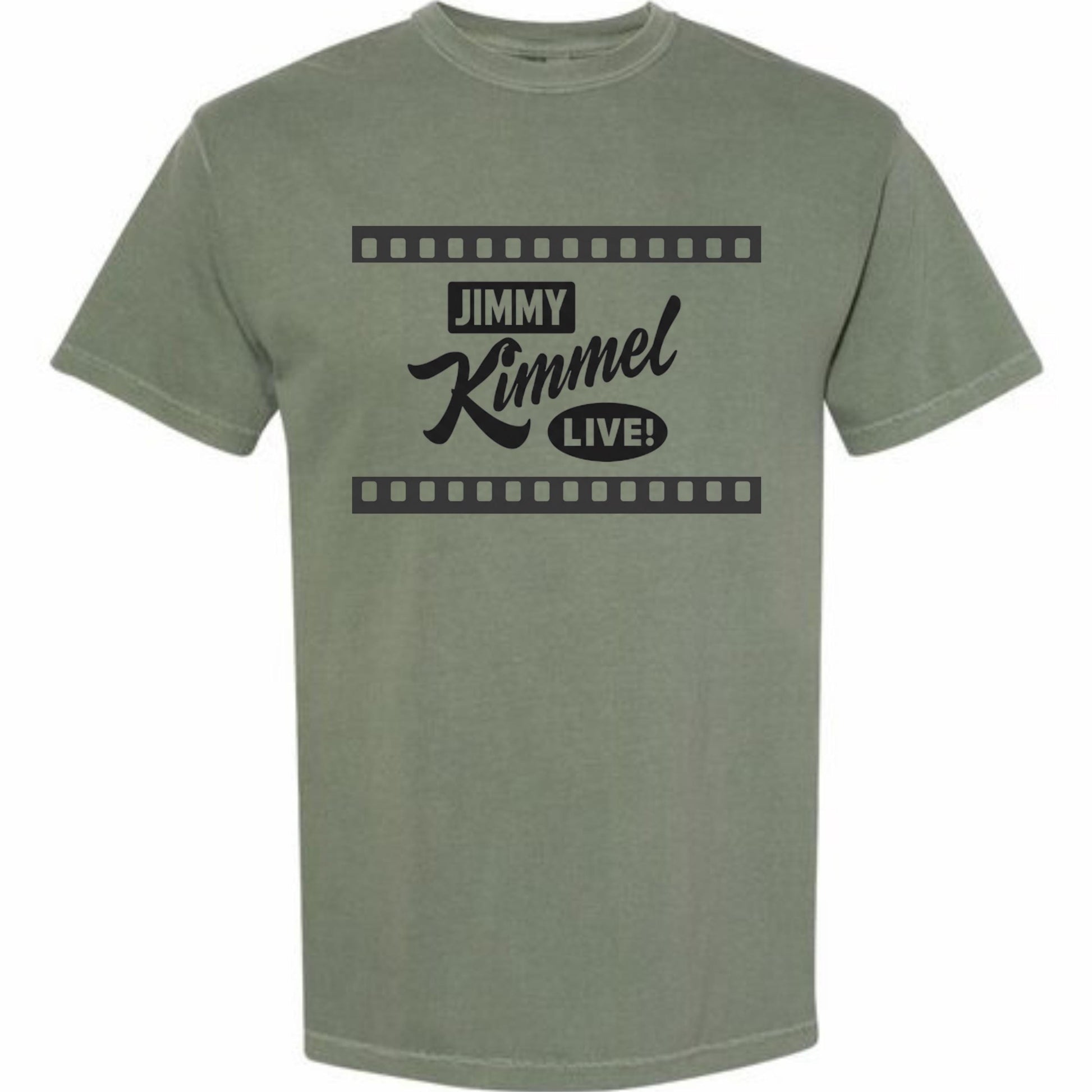 A green t-shirt with the text &quot;JIMMY KIMMEL LIVE!&quot; printed on it.