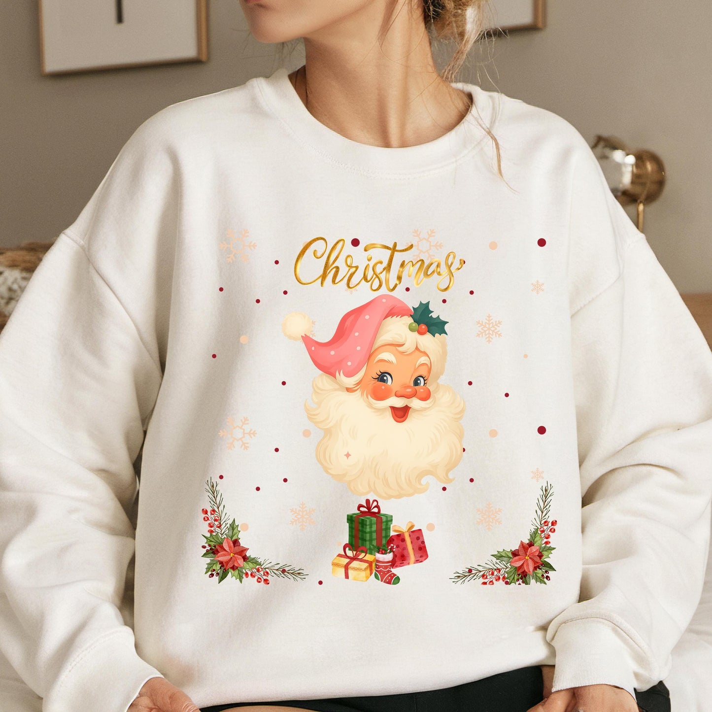 Retro Pink Santa Sweatshirt – Vintage Christmas Holiday Pullover | Cozy Winter Sweater